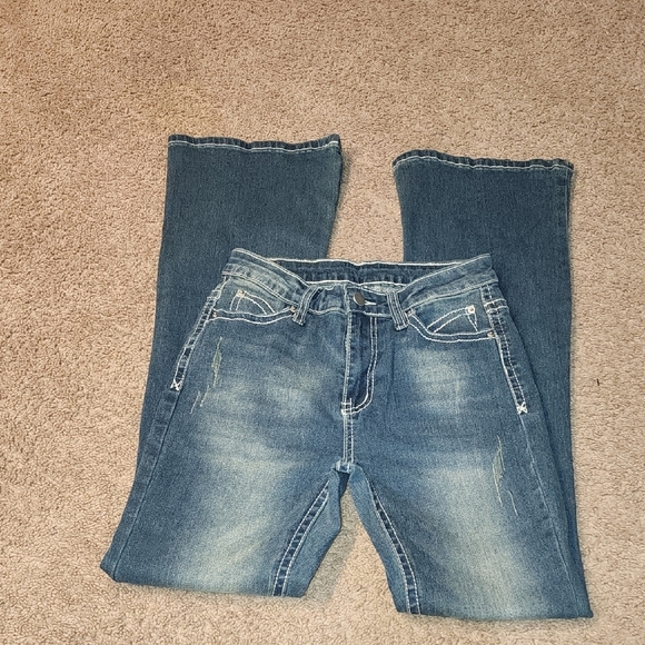 SHEIN Blue Flare Wide Leg Jeans with Distressed Details - Picture 1 of 4